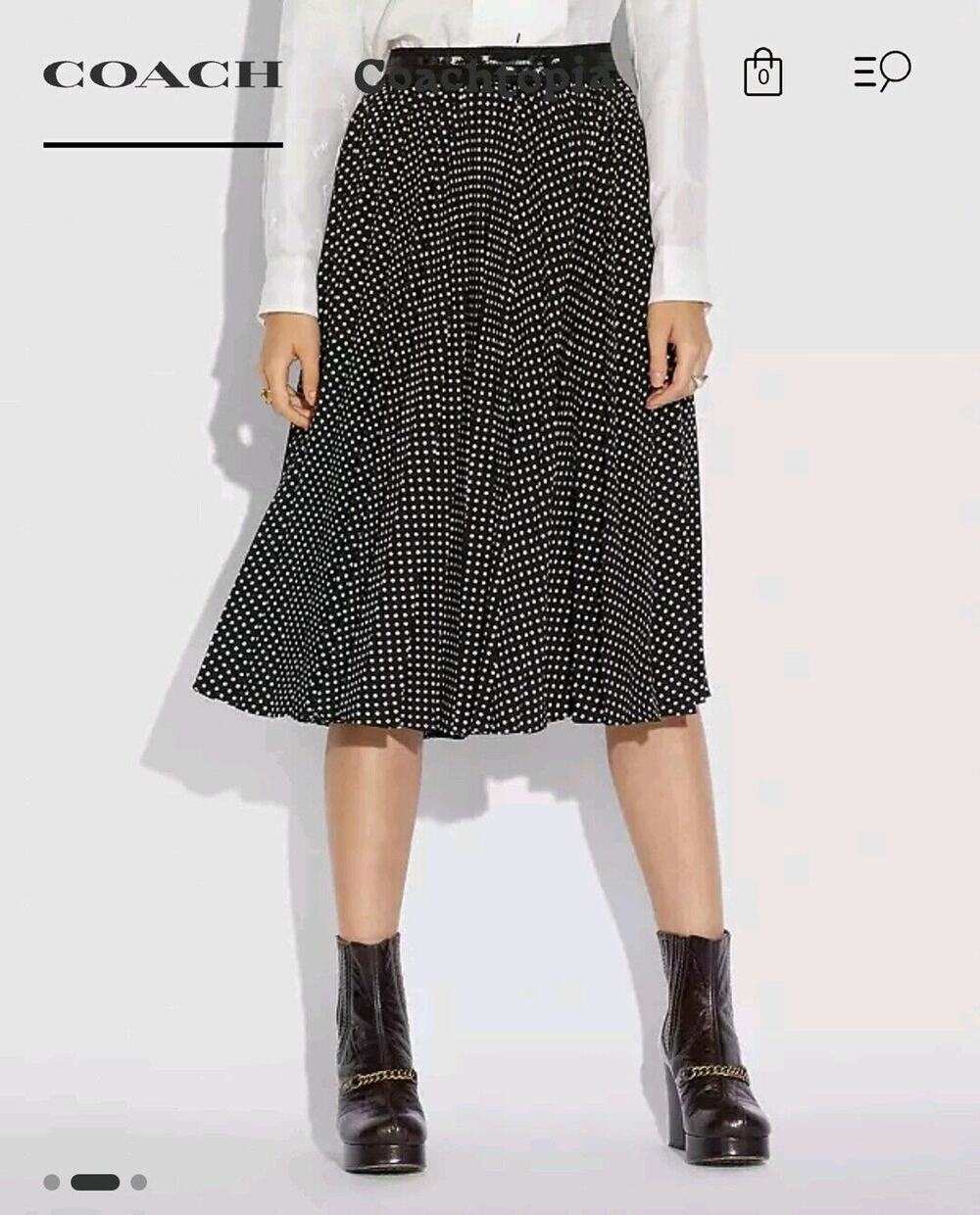 NWOT Coach Women's Micro Dots Pleated A Line Midi Skirt SIZE 2 black & White